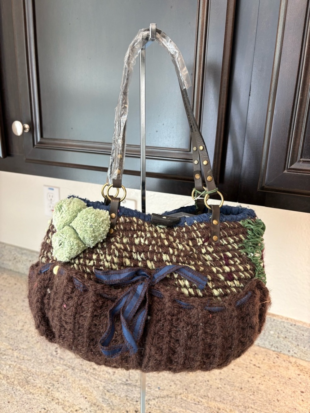 Brown Knit Shoulder Bag with Green Accent and Pom Detail